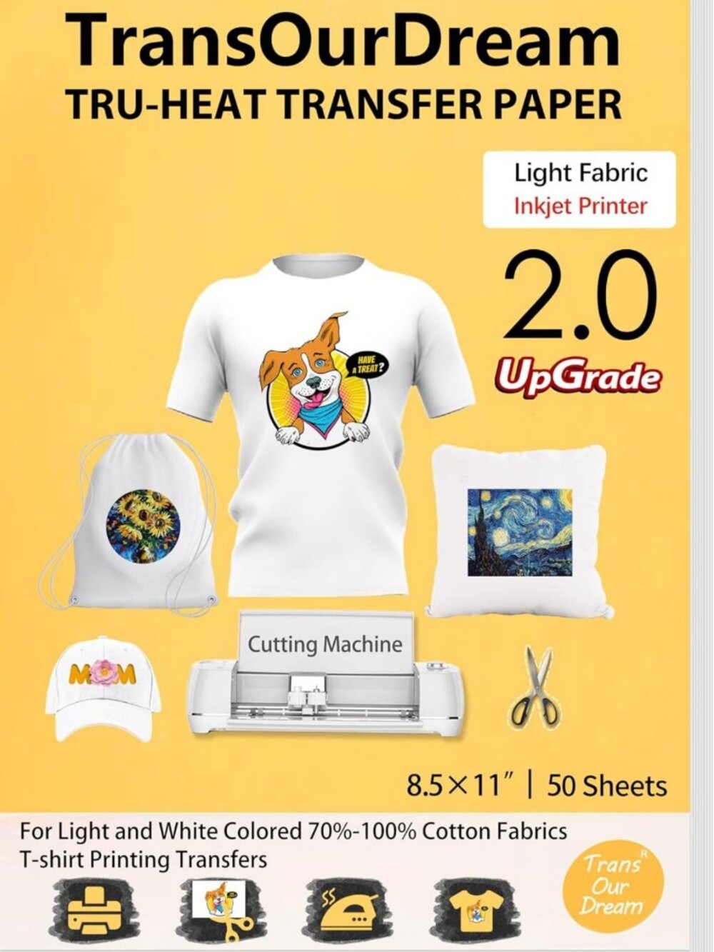 Heat Transfer Paper for Light Shirts - 50 Sheets, 8.5x11, Printable HTV Vinyl